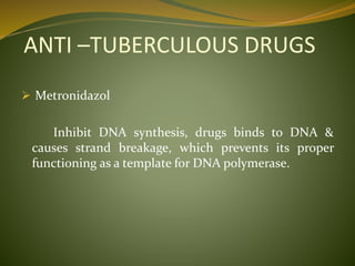 ANTI –TUBERCULOUS DRUGS
 Metronidazol
Inhibit DNA synthesis, drugs binds to DNA &
causes strand breakage, which prevents its proper
functioning as a template for DNA polymerase.
 