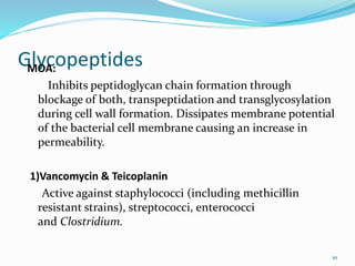 GlycopeptidesMOA:
Inhibits peptidoglycan chain formation through
blockage of both, transpeptidation and transglycosylation
during cell wall formation. Dissipates membrane potential
of the bacterial cell membrane causing an increase in
permeability.
1)Vancomycin & Teicoplanin
Active against staphylococci (including methicillin
resistant strains), streptococci, enterococci
and Clostridium.
10
 