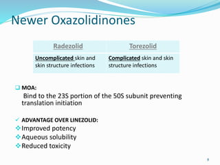 Newer Oxazolidinones
 MOA:
Bind to the 23S portion of the 50S subunit preventing
translation initiation
 ADVANTAGE OVER LINEZOLID:
Improved potency
Aqueous solubility
Reduced toxicity
8
Radezolid Torezolid
Uncomplicated skin and
skin structure infections
Complicated skin and skin
structure infections
 