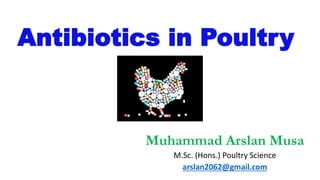 Antibiotics in Poultry
Muhammad Arslan Musa
M.Sc. (Hons.) Poultry Science
arslan2062@gmail.com
 