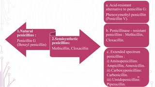 1.Natural
penicillins :
Penicillin G
(Benzyl penicillin)
2.Semisynthetic
penicillins:
Methicillin, Cloxacillin
a. Acid-resistant
alternative to penicillin G:
Phenoxymethyl penicillin
(Penicillin V).
b. Penicillinase - resistant
penicillins : Methicillin,
Cloxacillin.
c. Extended spectrum
penicillins :
i) Aminopenicillins:
Ampicillin, Amoxicillin.
ii) Carboxypenicillins:
Carbenicillin.
iii) Ureidopenicillins:
Piperacillin.
26
 