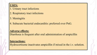 USES:
1. Urinary tract infections
2. Respiratory tract infections
3. Meningitis
4. Subacute bacterial endocarditis: preferred over PnG.
Adverse effects:
Diarrhoea is frequent after oral administration of ampicillin
Interactions:
Hydrocortisone inactivates ampicillin if mixed in the i.v. solution.
33
 