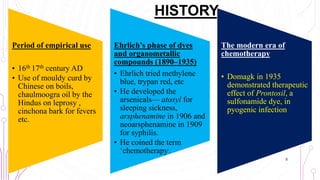 HISTORY
Period of empirical use
• 16th 17th century AD
• Use of mouldy curd by
Chinese on boils,
chaulmoogra oil by the
Hindus on leprosy ,
cinchona bark for fevers
etc.
Ehrlich’s phase of dyes
and organometallic
compounds (1890–1935)
• Ehrlich tried methylene
blue, trypan red, etc
• He developed the
arsenicals— atoxyl for
sleeping sickness,
arsphenamine in 1906 and
neoarsphenamine in 1909
for syphilis.
• He coined the term
‘chemotherapy’.
The modern era of
chemotherapy
• Domagk in 1935
demonstrated therapeutic
effect of Prontosil, a
sulfonamide dye, in
pyogenic infection
5
 