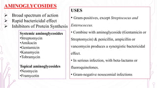 AMINOGLYCOSIDES
 Broad spectrum of action
 Rapid bactericidal effect
 Inhibitors of Protein Synthesis
Systemic aminoglycosides
•Streptomycin
•Amikacin
•Gentamicin
•Kanamycin
•Tobramycin
Topical aminoglycosides
•Neomycin
•Framycetin
USES
• Gram-positives, except Streptococus and
Enterococcus.
• Combine with aminoglycoside (Gentamicin or
Streptomycin) & penicillin, ampicillin or
vancomycin produces a synergistic bactericidal
effect.
• In serious infection, with beta-lactams or
fluoroquinolones.
• Gram-negative nosocomial infections
52
 