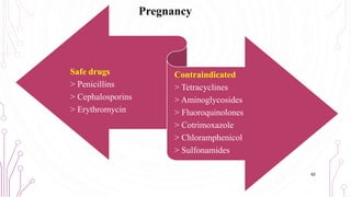 Pregnancy
Safe drugs
> Penicillins
> Cephalosporins
> Erythromycin
Contraindicated
> Tetracyclines
> Aminoglycosides
> Fluoroquinolones
> Cotrimoxazole
> Chloramphenicol
> Sulfonamides
62
 