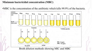 Broth dilution methods showing MIC and MBC
Minimum bactericidal concentration (MBC)
•MBC is the concentration of the antibiotic which kills 99.9% of the bacteria.
65
 