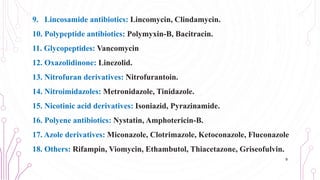 9. Lincosamide antibiotics: Lincomycin, Clindamycin.
10. Polypeptide antibiotics: Polymyxin-B, Bacitracin.
11. Glycopeptides: Vancomycin
12. Oxazolidinone: Linezolid.
13. Nitrofuran derivatives: Nitrofurantoin.
14. Nitroimidazoles: Metronidazole, Tinidazole.
15. Nicotinic acid derivatives: Isoniazid, Pyrazinamide.
16. Polyene antibiotics: Nystatin, Amphotericin-B.
17. Azole derivatives: Miconazole, Clotrimazole, Ketoconazole, Fluconazole
18. Others: Rifampin, Viomycin, Ethambutol, Thiacetazone, Griseofulvin.
9
 
