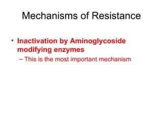 Mechanisms of Resistance
• Inactivation by Aminoglycoside
modifying enzymes
– This is the most important mechanism
 