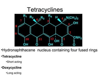 Tetracyclines
•Hydronaphthacene nucleus containing four fused rings
•Tetracycline
•Short acting
•Doxycycline
•Long acting
 