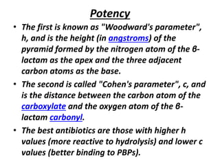 Potency
• The first is known as "Woodward's parameter",
h, and is the height (in angstroms) of the
pyramid formed by the nitrogen atom of the β-
lactam as the apex and the three adjacent
carbon atoms as the base.
• The second is called "Cohen's parameter", c, and
is the distance between the carbon atom of the
carboxylate and the oxygen atom of the β-
lactam carbonyl.
• The best antibiotics are those with higher h
values (more reactive to hydrolysis) and lower c
values (better binding to PBPs).
 