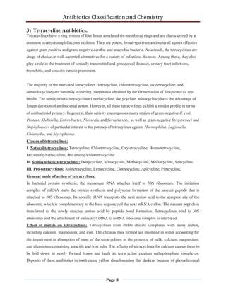 Antibiotics Classification and Chemistry
Page 8
3) Tetracycline Antibiotics.
Tetracyclines have a ring system of four linear annelated six-membered rings and are characterized by a
common octahydronaphthacenes skeleton. They are potent, broad-spectrum antibacterial agents effective
against gram positive and gram-negative aerobic and anaerobic bacteria. As a result, the tetracyclines are
drugs of choice or well-accepted alternatives for a variety of infectious diseases. Among these, they also
play a role in the treatment of sexually transmitted and gonococcal diseases, urinary tract infections,
bronchitis, and sinusitis remain prominent.
The majority of the marketed tetracyclines (tetracycline, chlorotetracycline, oxytetracycline, and
demeclocycline) are naturally occurring compounds obtained by the fermentation of Streptomyces spp.
broths. The semisynthetic tetracyclines (methacycline, doxycycline, minocycline) have the advantage of
longer duration of antibacterial action. However, all these tetracyclines exhibit a similar profile in terms
of antibacterial potency. In general, their activity encompasses many strains of gram-negative E. coli,
Proteus, Klebsiella, Enterobacter, Niesseria, and Serratia spp., as well as gram-negative Streptococci and
Staphylococci of particular interest is the potency of tetracylines against Haemophilus, Legionella,
Chlamydia, and Mycoplasma.
Classes of tetracyclines:
I. Natural tetracyclines: Tetracycline, Chlortetracycline, Oxytetracycline, Bromotetracycline,
Dexamethyltetracycline, Dexamethylchlortetracycline.
II. Semisynthetic tetracyclines: Doxycycline, Minocycline, Methacycline, Meclocycline, Sancycline.
III. Pro-tetracyclines: Rolitetracycline, Lymecycline, Clomocycline, Apicycline, Pipacycline,
General mode of action of tetracyclines:
In bacterial protein synthesis, the messenger RNA attaches itself to 30S ribosomes. The initiation
complex of mRNA starts the protein synthesis and polysome formation of the nascent peptide that is
attached to 50S ribosomes. Its specific tRNA transports the next amino acid to the acceptor site of the
ribosome, which is complementary to the base sequence of the next mRNA codon. The nascent peptide is
transferred to the newly attached amino acid by peptide bond formation. Tetracyclines bind to 30S
ribosomes and the attachment of aminoacyl tRNA to mRNA ribosome complex is interfered.
Effect of metals on tetracyclines: Tetracyclines form stable chelate complexes with many metals,
including calcium, magnesium, and iron. The chelates thus formed are insoluble in water accounting for
the impairment in absorption of most of the tetracyclines in the presence of milk, calcium, magnesium,
and aluminium containing antacids and iron salts. The affinity of tetracyclines for calcium causes them to
be laid down in newly formed bones and teeth as tetracycline calcium orthophosphate complexes.
Deposits of these antibiotics in tooth cause yellow discolouration that darkens because of photochemical
 