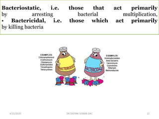 Bacteriostatic, i.e. those that act primarily
by arresting bacterial multiplication,
• Bactericidal, i.e. those which act primarily
by killing bacteria
4/15/2020 12DR.DEEPAK VERMA DAC
 