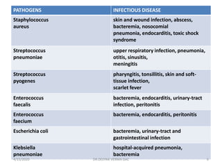 PATHOGENS INFECTIOUS DISEASE
Staphylococcus
aureus
skin and wound infection, abscess,
bacteremia, nosocomial
pneumonia, endocarditis, toxic shock
syndrome
Streptococcus
pneumoniae
upper respiratory infection, pneumonia,
otitis, sinusitis,
meningitis
Streptococcus
pyogenes
pharyngitis, tonsillitis, skin and soft-
tissue infection,
scarlet fever
Enterococcus
faecalis
bacteremia, endocarditis, urinary-tract
infection, peritonitis
Enterococcus
faecium
bacteremia, endocarditis, peritonitis
Escherichia coli bacteremia, urinary-tract and
gastrointestinal infection
Klebsiella
pneumoniae
hospital-acquired pneumonia,
bacteremia
4/15/2020 6DR.DEEPAK VERMA DAC
 
