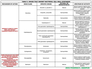 JNVU PHARMACY, JODHPUR
TABLE 2. DRUGS THAT INHIBIT BACTERIAL CELL WALL SYNTHESIS
MECHANISM OF ACTION DRUG CLASS SPECIFIC DRUGS
NATURAL OR
SEMISYNTHETIC
SPECTRUM OF ACTIVITY
INTERACT DIRECTLY WITH
PBPS AND INHIBIT
TRANSPEPTIDASE ACTIVITY
Penicillins
Penicillin G, penicillin V Natural
Narrow-spectrum against gram-
positive and a few gram-negative
bacteria
Ampicillin, amoxicillin Semisynthetic
Narrow-spectrum against gram-
positive bacteria but with
increased gram-negative
spectrum
Methicillin Semisynthetic
Narrow-spectrum against gram-
positive bacteria only, including
strains producing penicillinase
Cephalosporins
Cephalosporin C Natural
Narrow-spectrum similar to
penicillin but with increased
gram-negative spectrum
First-generation cephalosporins Semisynthetic
Narrow-spectrum similar to
cephalosporin C
Second-generation cephalosporins Semisynthetic
Narrow-spectrum but with
increased gram-negative
spectrum compared with first
generation
Third- and fourth-generation
cephalosporins
Semisynthetic
Broad-spectrum against gram-
positive and gram-negative
bacteria, including some β-
lactamase producers
Fifth-generation cephalosporins Semisynthetic
Broad-spectrum against gram-
positive and gram-negative
bacteria, including MRSA
Monobactams Aztreonam Semisynthetic
Narrow-spectrum against gram-
negative bacteria, including some
β-lactamase producers
Carbapenems
Imipenem, meropenem,
doripenem
Semisynthetic
Broadest spectrum of the β-
lactams against gram-positive and
gram-negative bacteria, including
many β-lactamase producers
LARGE MOLECULES THAT BIND
TO THE PEPTIDE CHAIN OF
PEPTIDOGLYCAN SUBUNITS,
BLOCKING
TRANSGLYCOSYLATION AND
TRANSPEPTIDATION
Glycopeptides Vancomycin Natural
Narrow spectrum against gram-
positive bacteria only, including
multidrug-resistant strains
BLOCK TRANSPORT OF
PEPTIDOGLYCAN SUBUNITS
ACROSS CYTOPLASMIC
MEMBRANE
Bacitracin Bacitracin Natural
Broad-spectrum against gram-
positive and gram-negative
bacteria
 