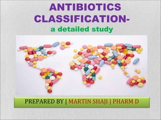 ANTIBIOTICS
CLASSIFICATION-
a detailed study
PREPARED BY | MARTIN SHAJI | PHARM D
 
