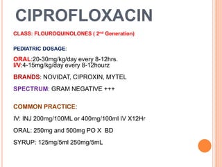 CIPROFLOXACIN
CLASS: FLOUROQUINOLONES ( 2nd Generation)
PEDIATRIC DOSAGE:
ORAL:20-30mg/kg/day every 8-12hrs.
I/V:4-15mg/kg/day every 8-12hourz
BRANDS: NOVIDAT, CIPROXIN, MYTEL
SPECTRUM: GRAM NEGATIVE +++
COMMON PRACTICE:
IV: INJ 200mg/100ML or 400mg/100ml IV X12Hr
ORAL: 250mg and 500mg PO X BD
SYRUP: 125mg/5ml 250mg/5mL
 