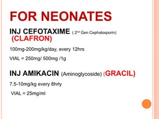 FOR NEONATES
INJ CEFOTAXIME ( 2nd Gen Cephalosporin)
(CLAFRON)
100mg-200mg/kg/day, every 12hrs
VIAL = 250mg/ 500mg /1g
INJ AMIKACIN (Aminoglycoside) (GRACIL)
7.5-10mg/kg every 8hrly
VIAL = 25mg/ml
 