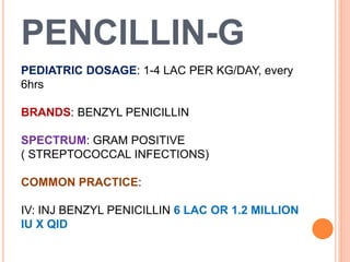 PENCILLIN-G
PEDIATRIC DOSAGE: 1-4 LAC PER KG/DAY, every
6hrs
BRANDS: BENZYL PENICILLIN
SPECTRUM: GRAM POSITIVE
( STREPTOCOCCAL INFECTIONS)
COMMON PRACTICE:
IV: INJ BENZYL PENICILLIN 6 LAC OR 1.2 MILLION
IU X QID
 