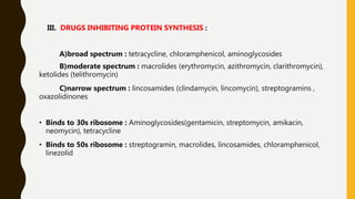 III. DRUGS INHIBITING PROTEIN SYNTHESIS :
A)broad spectrum : tetracycline, chloramphenicol, aminoglycosides
B)moderate spectrum : macrolides (erythromycin, azithromycin, clarithromycin),
ketolides (telithromycin)
C)narrow spectrum : lincosamides (clindamycin, lincomycin), streptogramins ,
oxazolidinones
• Binds to 30s ribosome : Aminoglycosides(gentamicin, streptomycin, amikacin,
neomycin), tetracycline
• Binds to 50s ribosome : streptogramin, macrolides, lincosamides, chloramphenicol,
linezolid
 