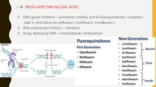 • IV. DRUGS AFFECTING NUCLEIC ACIDS :
1) DNA gyrase inhibitors – quinolones (nalidixic acid & fluoroquinolones), novobiacin
(safe in renal failure are pefloxacin, moxifloxacin, trovafloxacin )
2) RNA polymerase inhibitors – rifampicin
3) Drugs destroying DNA – metronidazole, nitrofurantoin
 
