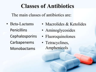 Classes of Antibiotics
The main classes of antibiotics are:
• Beta-Lactams
Penicillins
Cephalosporins
Carbapenems
Monobactams
• Macrolides & Ketolides
• Aminoglycosides
• Fluoroquinolones
• Tetracyclines,
Amphenicols
 