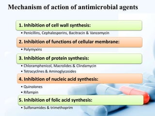 Mechanism of action of antimicrobial agents
1. Inhibition of cell wall synthesis:
• Penicillins, Cephalosporins, Bacitracin & Vancomycin
2. Inhibition of functions of cellular membrane:
• Polymyxins
3. Inhibition of protein synthesis:
• Chloramphenicol, Macrolides & Clindamycin
• Tetracyclines & Aminoglycosides
4. Inhibition of nucleic acid synthesis:
• Quinolones
• Rifampin
5. Inhibition of folic acid synthesis:
• Sulfonamides & trimethoprim
 
