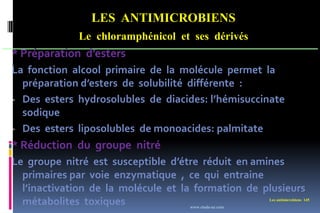 LES ANTIMICROBIENS
Le chloramphénicol et ses dérivés
Les antimicrobiens 145
* Préparation d’esters
La fonction alcool primaire de la molécule permet la
préparation d’esters de solubilité différente :
- Des esters hydrosolubles de diacides: l’hémisuccinate
sodique
- Des esters liposolubles de monoacides: palmitate
* Réduction du groupe nitré
Le groupe nitré est susceptible d’étre réduit en amines
primaires par voie enzymatique , ce qui entraine
l’inactivation de la molécule et la formation de plusieurs
métabolites toxiques www.etude-az.com
 