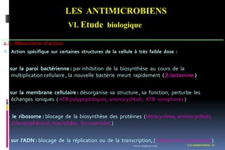 LES ANTIMICROBIENS
VI. Etude biologique
Les antimicrobiens 22
2.2. Mécanisme d’action
 Action spécifique sur certaines structures de la cellule à très faible dose :
- sur la paroi bactérienne : par inhibition de la biosynthèse au cours de la
multiplication cellulaire , la nouvelle bactérie meurt rapidement ( β.lactamine )
- sur la membrane cellulaire : désorganise sa structure , sa fonction, perturbe les
échanges ioniques ( ATB polypeptidiques, aminocyclitols, ATB ionophores )
- le ribosome : blocage de la biosynthèse des protèines (tétracyclines, aminocyclitols,
chloramphénicol, macrolides, lincosamides )
- sur l’ADN : blocage de la réplication ou de la transcription, ( rifamycines, quinolones )
www.etude-az.com
 