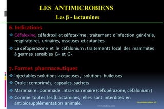 Les antimicrobiens 62
LES ANTIMICROBIENS
Les  - lactamines
6. Indications
 Céfalexine, céfadroxil et céfotaxime : traitement d’infection générale,
respiratoires, urinaires, osseuses et cutanées
 La céfopérazone et le céfalonium : traitementt local des mammites
à germes sensibles G+ et G-
7. Formes pharmaceutiques
 Injectables :solutions acqueuses , solutions huileuses
 Orale : comprimés, capsules, sachets
 Mammaire : pommade intra-mammaire (céfopérazone, céfalonium )
 Comme toutes les β.lactamines, elles sont interdites en
antibiosupplémentation animale. www.etude-az.com
 
