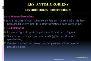 Les antimicrobiens 112
LES ANTIMICROBIENS
Les antibiotiques polypeptidiques
5.1.3. Biotransformations
Les ATB polypeptidiques subissent du fait de leur stabilité et de leur
hydrosolubilité très peu de biotransformations dans l’organisme.
5.1.4. Elimination
 Ils sont en grande partie rapidement éliminés en 1 à 3 jours,
 Sous forme inchangée par voie rénale (95%), par filtration
glomérulaire,
 Certaine fraction s’accumule dans l’organisme (affinité pour les
phospholipides).
www.etude-az.com
 