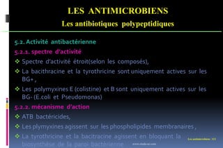 Les antimicrobiens 113
LES ANTIMICROBIENS
Les antibiotiques polypeptidiques
5.2. Activité antibactérienne
5.2.1. spectre d’activité
 Spectre d’activité étroit(selon les composés),
 La bacithracine et la tyrothricine sont uniquement actives sur les
BG+ ,
 Les polymyxines E (colistine) et B sont uniquement actives sur les
BG- (E.coli et Pseudomonas)
5.2.2. mécanisme d’action
 ATB bactéricides,
 Les plymyxines agissent sur les phospholipides membranaires ,
 La tyrothricine et la bacitracine agissent en bloquant la
biosynthèse de la paroi bactèrienne www.etude-az.com
 