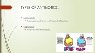 TYPES OF ANTIBIOTICS:
 Bacteriostatic
 Those substances that prevent the growth of bacteria
 Bactericidal
 Those that kill bacteria directly
 