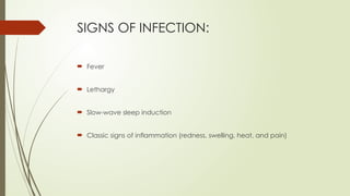 SIGNS OF INFECTION:
 Fever
 Lethargy
 Slow-wave sleep induction
 Classic signs of inflammation (redness, swelling, heat, and pain)
 