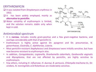 ERYTHROMYCIN
 It was isolated from Streptomyces erythreus in
1952.
 It has been widely employed, mainly as
alternative to penicillin.
 Water solubility of erythromycin is limited,
and the solution remains stable only when
kept in cold.
Antimicrobial spectrum
• It is narrow, includes mostly gram-positive and a few gram-negative bacteria, and
overlaps considerably with that of penicillin G.
• Erythromycin is highly active against Str. pyogenes and Str. pneumoniae, N.
gonorrhoeae, Clostridia, C. diphtheriae, Listeria.
• Most penicillin-resistant Staphylococci and Streptococci were initially sensitive, but have
now become resistant to erythromycin also.
• In addition, Campylobacter, Legionella, Branhamella catarrhalis, Gardnerella vaginalis
and Mycoplasma, that are not affected by penicillin, are highly sensitive to
erythromycin.
• Few others, including H. influenzae, H. ducreyi, B. pertussis, Chlamydia trachoma tis, Str.
viridans, N. meningitidis and Rickettsiae are moderately sensitive.
 