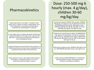 Pharmacokinetics
Erythromycin base is acid labile. To protect it from
gastric acid, it is given as enteric coated tablets, from
which absorption is incomplete and food delays
absorption by retarding gastric emptying.
Its acid stable esters are better absorbed. Erythromycin
is widely distributed in the body, enters cells and into
abscesses, crosses serous membranes and placenta,
but not bloodbrain barrier.
lt attains therapeutic concentration in the prostate. It is
70-80% plasma protein bound, partly metabolized and
excreted primarily in bile in the active form.
Renal excretion is minor; dose need not be altered in
renal failure. The plasma half life is 1.5 hr, but
erythromycin persists longer in tissues.
Dose: 250-500 mg 6
hourly (max. 4 g/day),
children 30-60
mg/kg/day.
Erytluomycin (base): ERYSAFE 250, mg tabs, EROMED
333 mg tab, 125 mg/5 ml susp. Erytluomycin stearate:
ERYTHROCIN 250, 500 mg tab, 100 mg/5 rnl susp.,.
ETROCIN, ERYSTER 250 mg tab, 100 mg/5 rnl dry syr,
EMTHRO 250 mg tab, 125 mg/5 ml susp.
Erythromycin estolate (lauryl sulfate): ALTHROCIN 250,
500 mg tab, 125 mg kid tab, 125 mg/ 5 ml and 250
mg/5 rnl dry syr, 100 mg/rnl ped. drops, E-MYCIN 100,
250 mg tab, 100 mg/5 rnl dry syr; ERYC-5 250 mg tab,
125 mg/5 ml dry syr.
Erythromycin ethylsuccinate: ERYNATE 100 mg/5 ml dry
syr, ERYTHROCIN 100 mg/ml drops, 125 mg/5 rnl syr.
A 30% ointment (GERY OINTMENT) is marketed for
topical treatment of boils, carbuncles and skin
infections, but efficacy is doubtful.
 