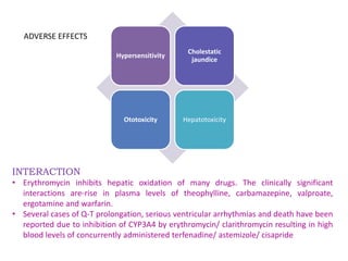 Hypersensitivity
Cholestatic
jaundice
Ototoxicity Hepatotoxicity
INTERACTION
• Erythromycin inhibits hepatic oxidation of many drugs. The clinically significant
interactions are-rise in plasma levels of theophylline, carbamazepine, valproate,
ergotamine and warfarin.
• Several cases of Q-T prolongation, serious ventricular arrhythmias and death have been
reported due to inhibition of CYP3A4 by erythromycin/ clarithromycin resulting in high
blood levels of concurrently administered terfenadine/ astemizole/ cisapride
ADVERSE EFFECTS
 