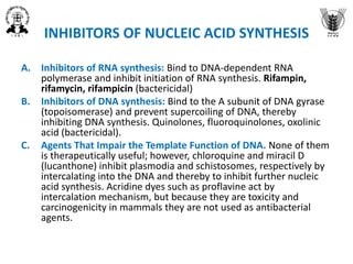 INHIBITORS OF NUCLEIC ACID SYNTHESIS
A. Inhibitors of RNA synthesis: Bind to DNA-dependent RNA
polymerase and inhibit initiation of RNA synthesis. Rifampin,
rifamycin, rifampicin (bactericidal)
B. Inhibitors of DNA synthesis: Bind to the A subunit of DNA gyrase
(topoisomerase) and prevent supercoiling of DNA, thereby
inhibiting DNA synthesis. Quinolones, fluoroquinolones, oxolinic
acid (bactericidal).
C. Agents That Impair the Template Function of DNA. None of them
is therapeutically useful; however, chloroquine and miracil D
(lucanthone) inhibit plasmodia and schistosomes, respectively by
intercalating into the DNA and thereby to inhibit further nucleic
acid synthesis. Acridine dyes such as proflavine act by
intercalation mechanism, but because they are toxicity and
carcinogenicity in mammals they are not used as antibacterial
agents.
 