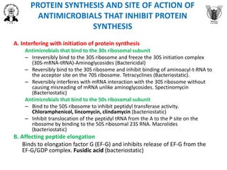 PROTEIN SYNTHESIS AND SITE OF ACTION OF
ANTIMICROBIALS THAT INHIBIT PROTEIN
SYNTHESIS
A. Interfering with initiation of protein synthesis
Antimicrobials that bind to the 30s ribosomal subunit
– Irreversibly bind to the 30S ribosome and freeze the 30S initiation complex
(30S-mRNA-tRNA)-Aminoglycosides (Bactericidal)
– Reversibly bind to the 30S ribosome and inhibit binding of aminoacyl-t-RNA to
the acceptor site on the 70S ribosome. Tetracyclines (Bacteriostatic).
– Reversibly interferes with mRNA interaction with the 30S ribosome without
causing misreading of mRNA unlike aminoglycosides. Spectinomycin
(Bacteriostatic)
Antimicrobials that bind to the 50s ribosomal subunit
– Bind to the 50S ribosome to inhibit peptidyl transferase activity.
Chloramphenicol, lincomycin, clindamycin (bacteriostatic)
– Inhibit translocation of the peptidyl tRNA from the A to the P site on the
ribosome by binding to the 50S ribosomal 23S RNA. Macrolides
(bacteriostatic)
B. Affecting peptide elongation
Binds to elongation factor G (EF-G) and inhibits release of EF-G from the
EF-G/GDP complex. Fusidic acid (bacteriostatic)
 