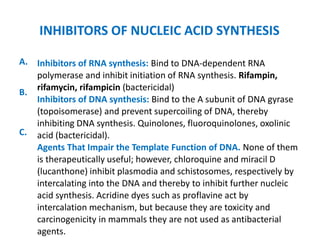 INHIBITORS OF NUCLEIC ACID SYNTHESIS
A. Inhibitors of RNA synthesis: Bind to DNA-dependent RNA
polymerase and inhibit initiation of RNA synthesis. Rifampin,
rifamycin, rifampicin (bactericidal)
Inhibitors of DNA synthesis: Bind to the A subunit of DNA gyrase
(topoisomerase) and prevent supercoiling of DNA, thereby
inhibiting DNA synthesis. Quinolones, fluoroquinolones, oxolinic
acid (bactericidal).
Agents That Impair the Template Function of DNA. None of them
is therapeutically useful; however, chloroquine and miracil D
(lucanthone) inhibit plasmodia and schistosomes, respectively by
intercalating into the DNA and thereby to inhibit further nucleic
acid synthesis. Acridine dyes such as proflavine act by
intercalation mechanism, but because they are toxicity and
carcinogenicity in mammals they are not used as antibacterial
agents.
B.
C.
 