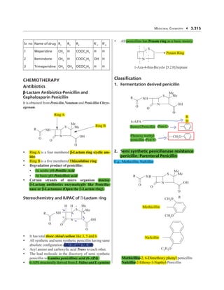 MEDICINAL CHEMISTRY  3.215
Sr. no Name of drug R1
R3
R4
Rc3
Rc4
1 Meperidine CH3
H COOC2
H5
H H
2 Bemindone CH3
H COOC2
H5
OH H
3 Trimeperidine CH3
CH3
OCOC2
H5
H H
CHEMOTHERAPY
Antibiotics
E-Lactam Antibiotics-Penicillin and
Cephalosporin Penicillin
It is obtained from Penicilin Notatum and Penicillin Chrys-
ogenam.
S
Me
Me
OH
Ring B
Ring A
N
NH
O
O
R
O
y Ring A is a four membered E-Lactam ring (cyclic am-
ide)
y Ring B is a ﬁve membered Thiazolidine ring
y Degradation product of penicillin:
s At acidic pH-Penillic Acid
s At basic pH-Penicilloic acid
y Certain strands of micro organism destroy
E-Lactam antibiotics enzymatically like Penicilla-
nase or E-Lactamase (Open the E-Lactam ring).
Stereochemistry and IUPAC of -Lactam ring
S
N
Me
Me
NH
OH
O
O
H H
R
O
y It has total three chiral carbon like 3, 5 and 6.
y All synthetic and semi synthetic penicillin having same
absolute conﬁguration (like 3S and 5R, 6R).
y Acyl amino and carboxylic acid Trans to each other.
y The lead molecule in the discovery of semi synthetic
penicillin is 6 amino penicillinic acid (6-APA).
y 6-APA structurally derived from L-Valine and L-cysteine
y All penicillins has Penam ring as a basic moiety.
S
N
1-Aza-4-thia-Bicyclo [3.2.0] heptane
Penam Ring
Classiﬁcation
1. Fermentation derived penicillin
S
N
Me
Me
NH
OH
O
O
R
O
6-APA
Benzyl Penicillin
Phenoxy methyl
penicillin (Pen-V)
R
H
(Pen-G)
CH2
O
2. Semi synthetic penicillanase resistance
penicillin: Parenteral Penicillin
E.g., Methicillin, Nafcillin
S
N
Me
Me
NH
OH
O
O
R
O
R
CH3
O
CH3
O
C2H5O
Methicillin
Nafcillin
Methicillin-2, 6-Dimethoxy phenyl penicillin
Nafcillin-2-Ethoxy-1-Napthyl-Penicillin
Thiazolidine ring
E
E-
-
-
-Lactam ring (cyclic am-
ide)
Ring A
Ring B
Ring A
Ring B
At acidic pH-Penillic Acid
At basic pH-Penicilloic acid
destroy
E
E-
-
-
-Lactam antibiotics enzymatically like Penicilla-
E
E-
- E-
nase or -Lactamase (Open the
- -Lactam ring).
three chiral carbon
r
r like 3, 5 and 6.
(like 3S and 5R, 6R)
6 amino penicillinic acid (6-APA).
6-APA structurally derived from L-Valine and L-cysteine
penicillins has Penam ring as a basic moiety.
Penam Ring
(Pen-G)
(Pen-V)
Benzyl Penicillin
Phenoxy
x
x methyl
penicillin
R
H
Semi synthetic penicillanase resistance
penicillin: Parenteral Penicillin
E.g., Methicillin, Nafcillin
Methicillin
Nafcillin
-2-Ethoxy-1-Napthyl-
-2, 6-Dimethoxy phenyl p
Methicillin-
-
Nafcillin-
-
 