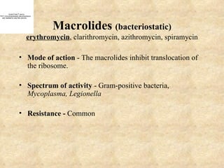 QuickTime™ and a
TIFF (Uncompressed) decompressor
   are needed to see this picture.




                                     Macrolides (bacteriostatic)
                            erythromycin, clarithromycin, azithromycin, spiramycin

                     • Mode of action - The macrolides inhibit translocation of
                       the ribosome.

                     • Spectrum of activity - Gram-positive bacteria,
                       Mycoplasma, Legionella

                     • Resistance - Common
 