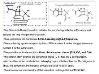 •The Chemical Abstracts system initiates the numbering with the sulfur atom and
assigns the ring nitrogen the 4-position.
•Thus, penicillins are named as 4-thia-l-azabicyclo[3.2.0]heptanes,
•The numbering system adopted by the USP is number 1 to the nitrogen atom and
number 4 to the sulfur atom.
•The penicillin molecule contains three chiral carbon atoms (C-3, C-5, and C-6).
•The carbon atom bearing the acylamino group (C-6) has the L configuration,
whereas the carbon to which the carboxyl group is attached has the D configuration.
Thus, the acylamino and carboxyl groups are trans to each other,
•The absolute stereochemistry of the penicillins is designated as 3S:5R:6R,
 
