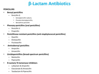 β-Lactam Antibiotics
PENICILLINS
• Benzyl penicillins
– Penicillin G
• benzylpenicillin sodium,
• Procaine benzylpenicillin,
• Benzathine penicillin
• Phenoxy-penicillins (oral penicillins)
– Penicillin V
– Propicillin
• Penicillinase resistant penicillins (anti-staphylococcal penicillins)
– Oxacillin
– Dicloxacillin
– Flucloxacillin
• Aminobenzyl penicillins
– Ampicillin
– Amoxicillin
• Ureidopenicillins (broad-spectrum penicillins)
– Mezlocillin
– Piperacillin
• ß-Lactam/ ß-lactamase inhibitors
– sulbactam & Ampicillin
– Clavulanate & Amoxicillin
– Tazobactam & Piperacillin
 