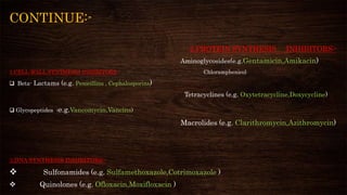 CONTINUE:-
2.PROTEIN SYNTHESIS INHIBITORS:-
Aminoglycosides(e.g.Gentamicin,Amikacin)
1.CELL WALL SYNTHESIS INHIBITORS:- Chloramphenicol
 Beta- Lactams (e.g. Penicillins , Cephalosporins)
Tetracyclines (e.g. Oxytetracycline,Doxycycline)
 Glycopeptides (e.g.Vancomycin,Vancins)
Macrolides (e.g. Clarithromycin,Azithromycin)
3.DNA SYNTHESIS INHIBITORS:-
 Sulfonamides (e.g. Sulfamethoxazole,Cotrimoxazole )
 Quinolones (e.g. Ofloxacin,Moxifloxacin )
 