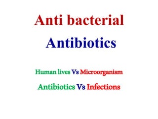 Anti bacterial
Antibiotics
HumanlivesVsMicroorganism
AntibioticsVsInfections
 