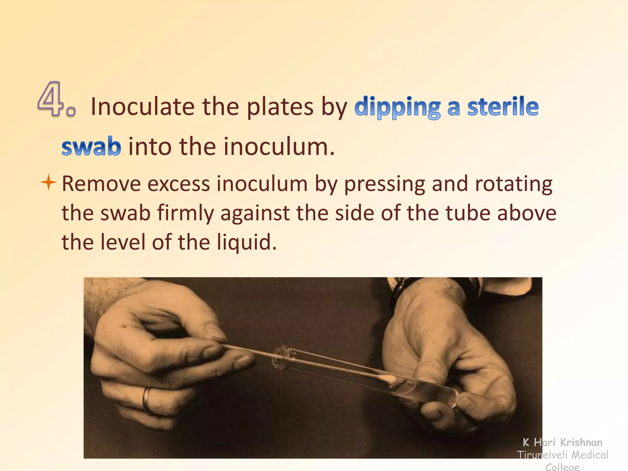 Inoculate the plates by 
into the inoculum. 
Remove excess inoculum by pressing and rotating 
the swab firmly against the side of the tube above 
the level of the liquid. 
K Hari Krishnan 
Tirunelveli Medical 
College 
 