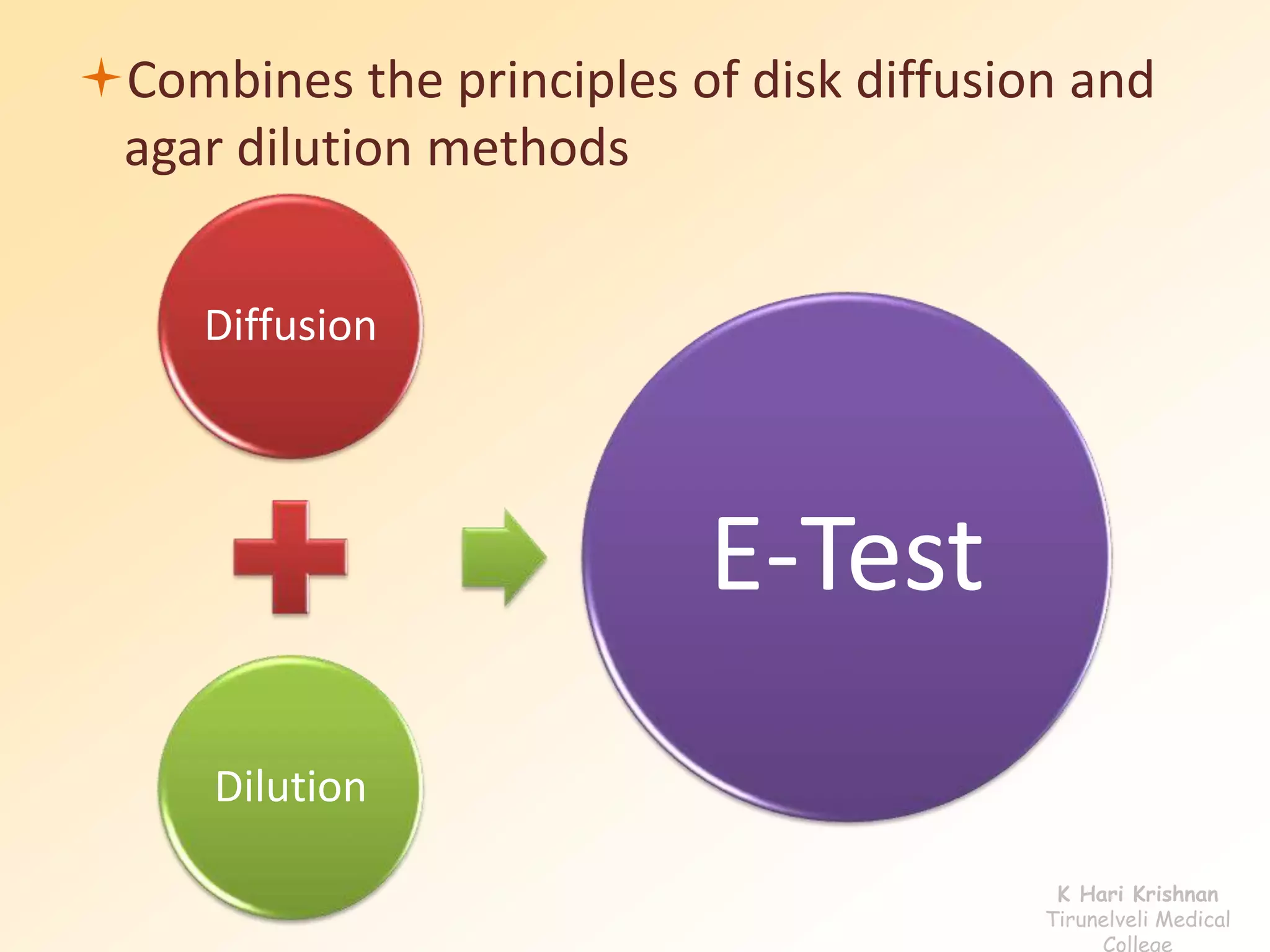 Combines the principles of disk diffusion and 
agar dilution methods 
Diffusion 
Dilution 
E-Test 
K Hari Krishnan 
Tirunelveli Medical 
College 
 