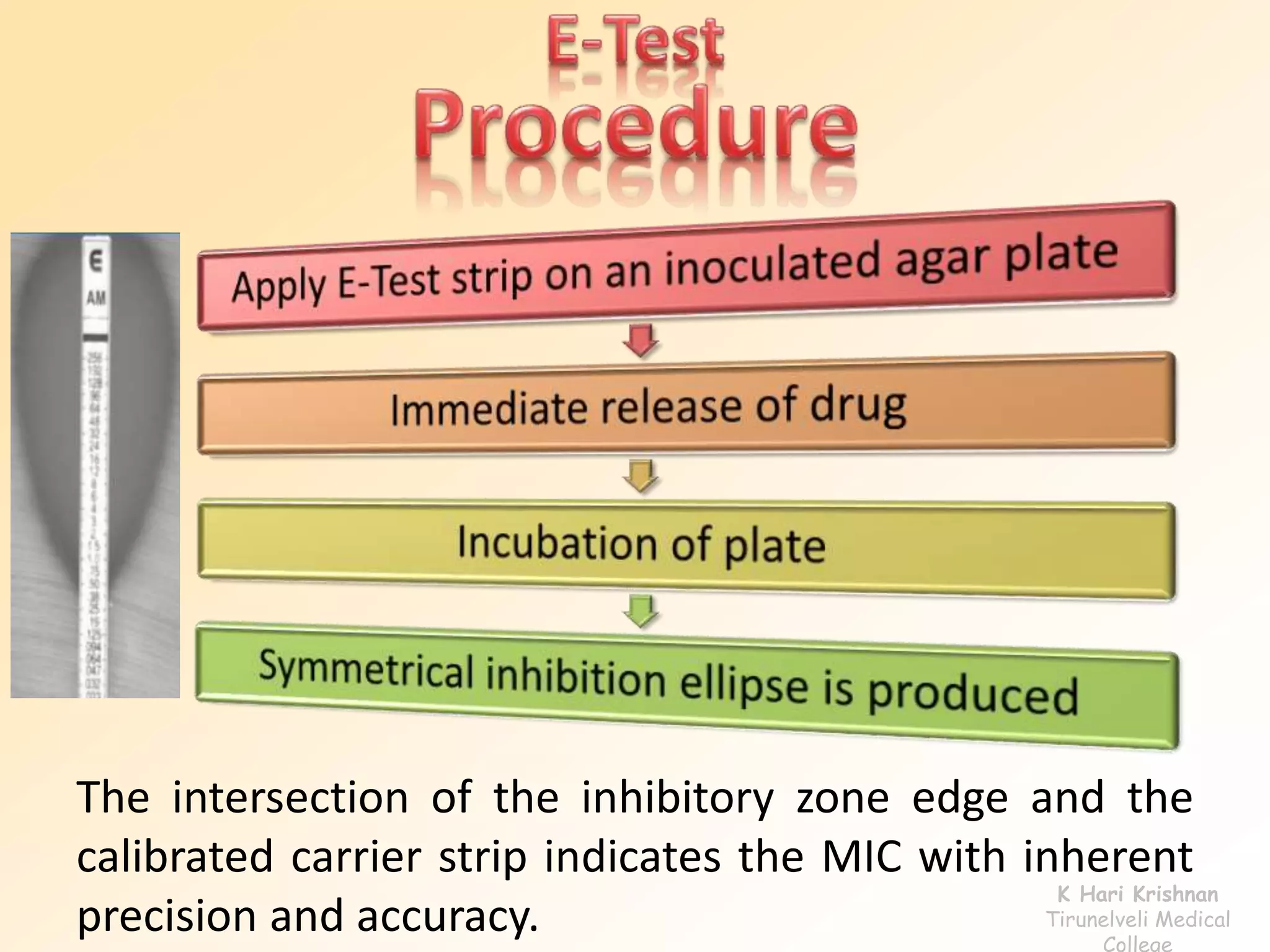 The intersection of the inhibitory zone edge and the 
calibrated carrier strip indicates the MIC with inherent 
precision and accuracy. K Hari Krishnan 
Tirunelveli Medical 
College 
 