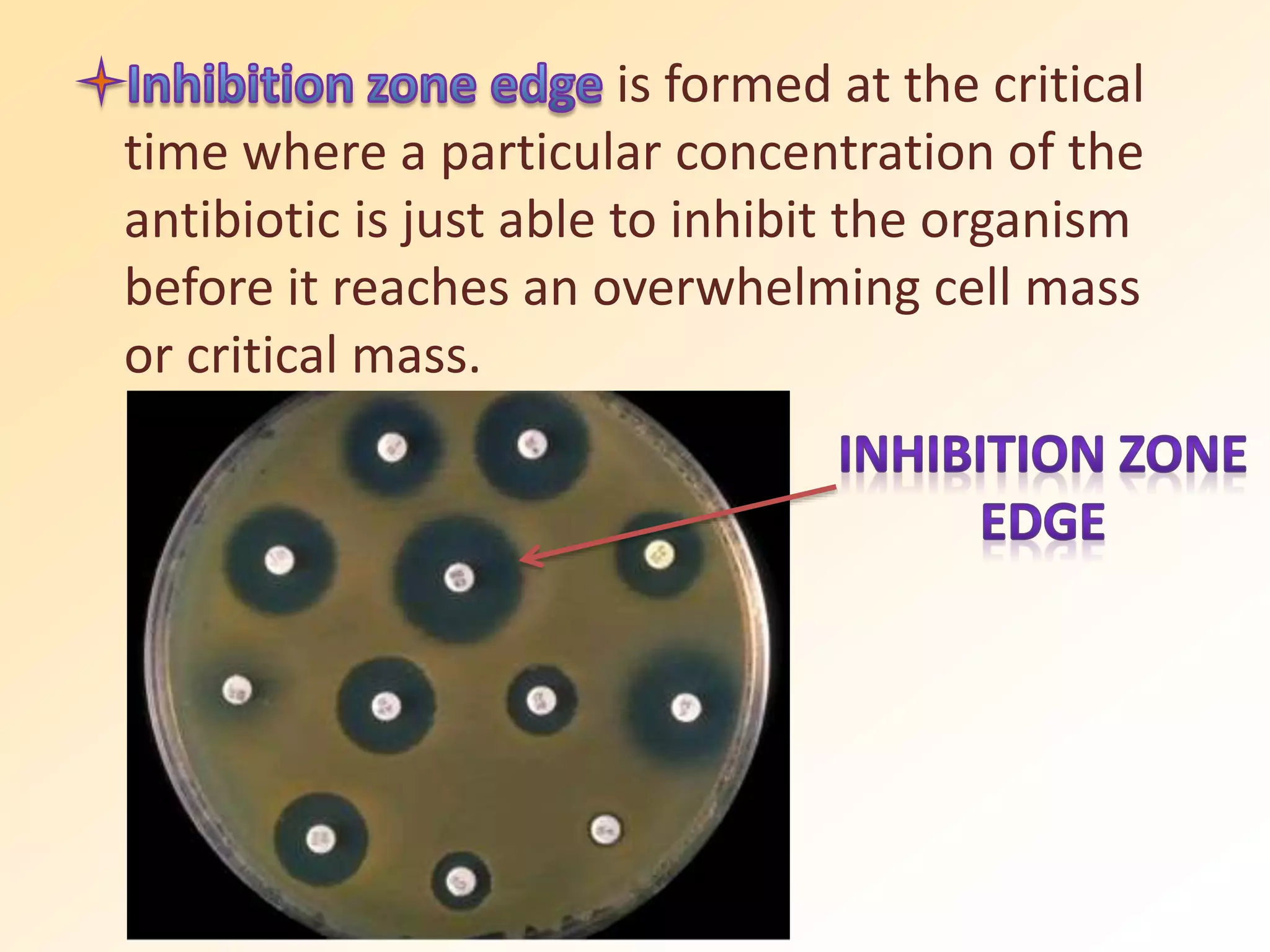 is formed at the critical
time where a particular concentration of the
antibiotic is just able to inhibit the organism
before it reaches an overwhelming cell mass
or critical mass.
 