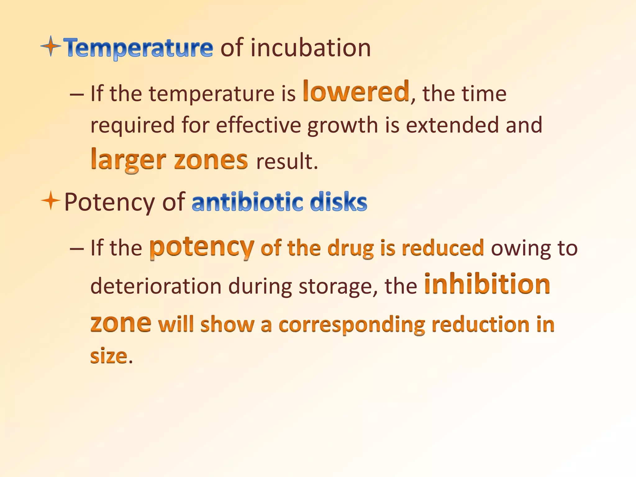 of incubation
– If the temperature is , the time
required for effective growth is extended and
result.
Potency of
– If the owing to
deterioration during storage, the
.
 